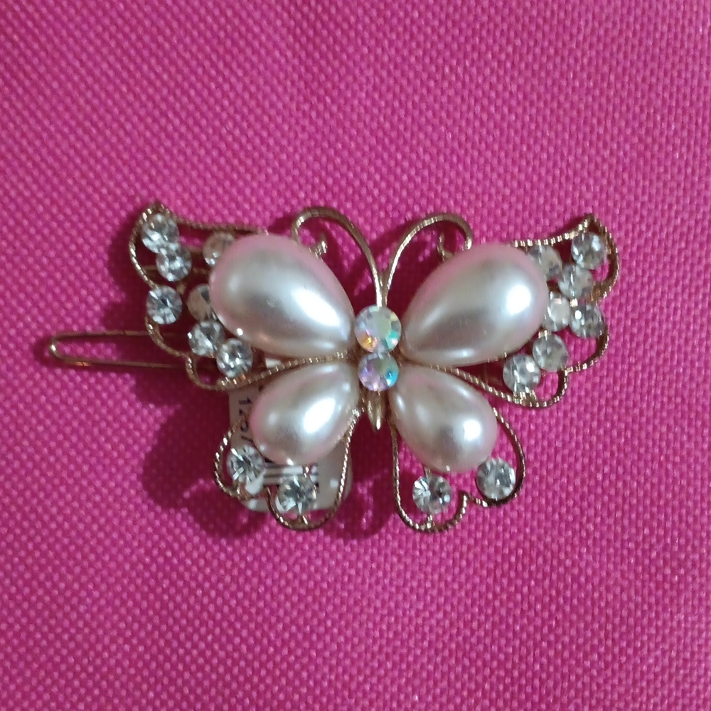 2 Elegant Butterfly Hair Clips with Faux Pearls and Rhinestones